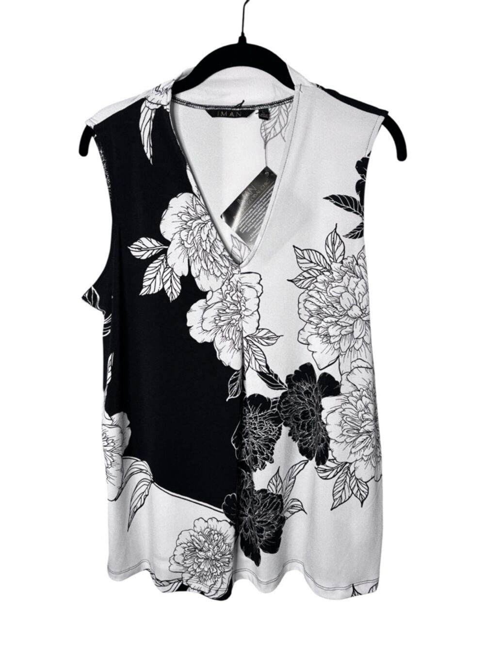 IMAN Global Chic Black White Floral V Neck Blouse Sleeveless Large